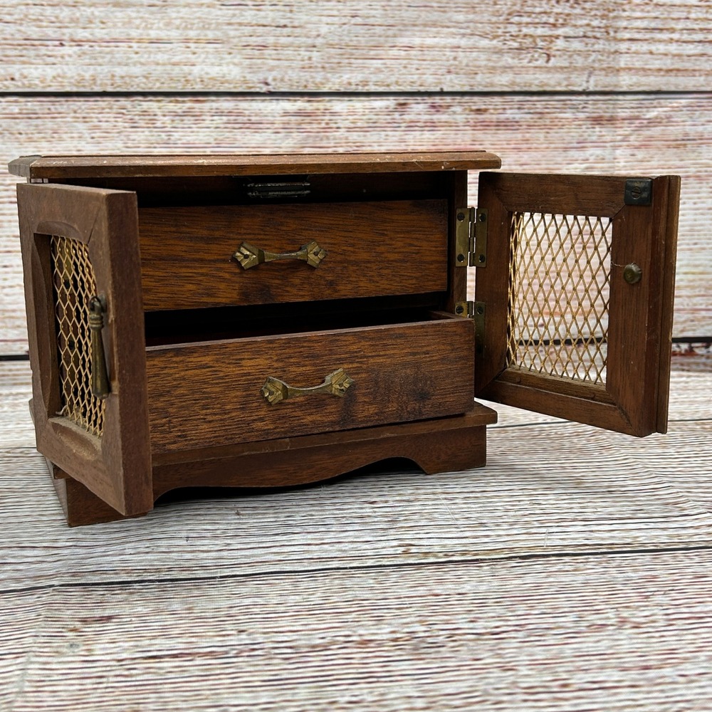 Vintage Wooden Music Jewelry Box Cabinet Style 2 Red Velvet Lined Drawers